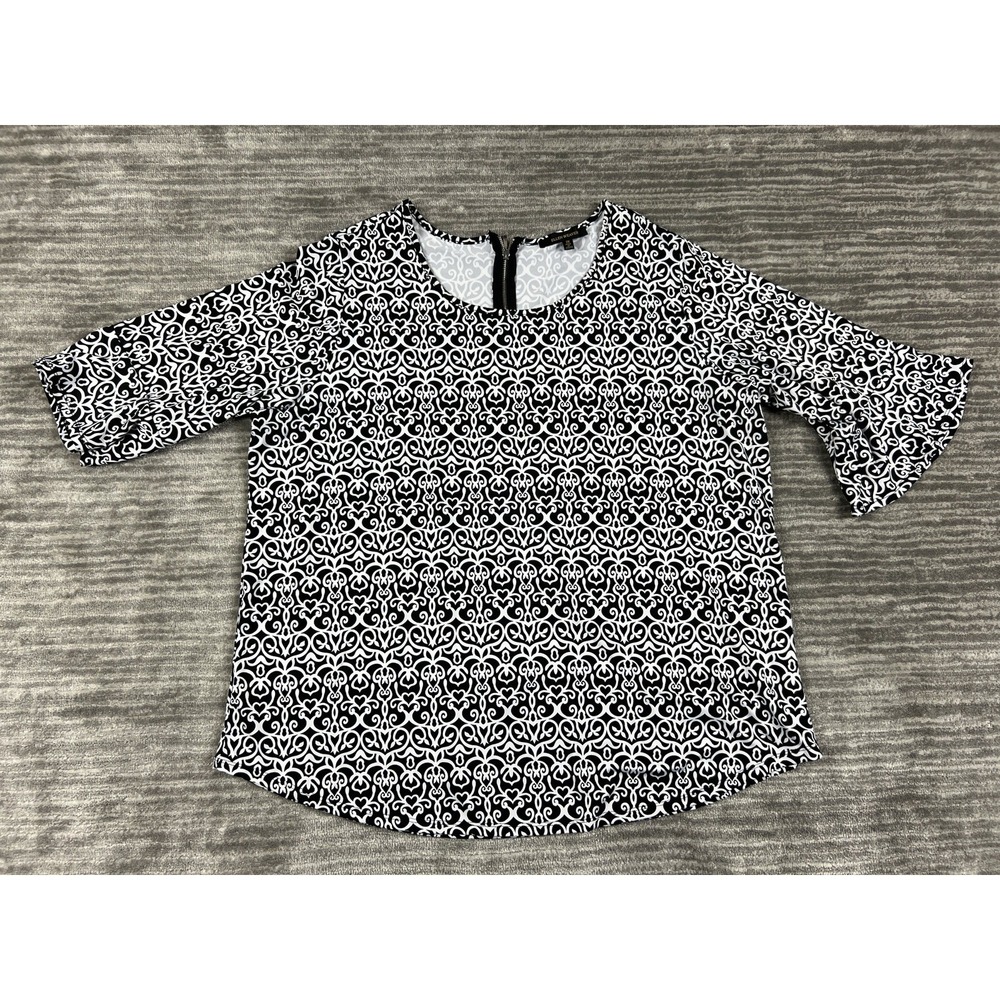 Ellen Weaver Blouse Womens 2X Black White Scroll Print Bell Sleeve Zipper Top